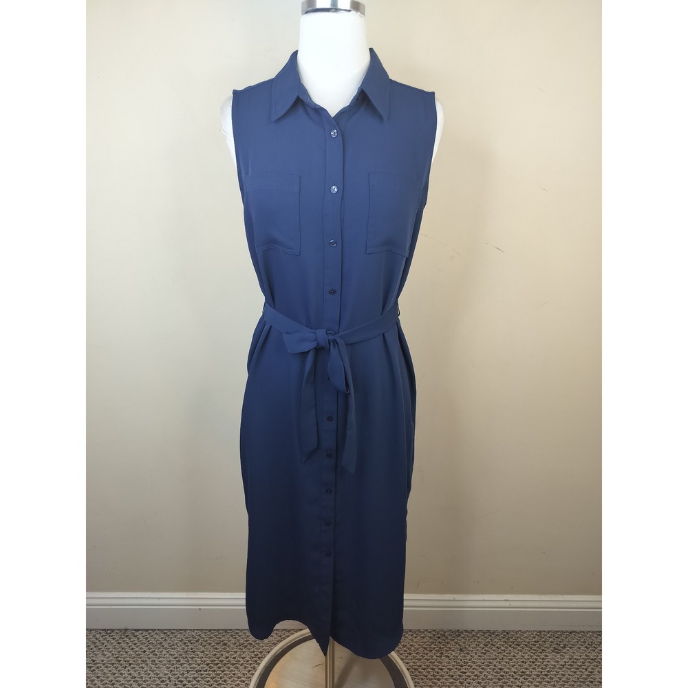 Adrienne Vittadini Midi Shirt Dress Sleeveless Belted Size 6 Navy Classic